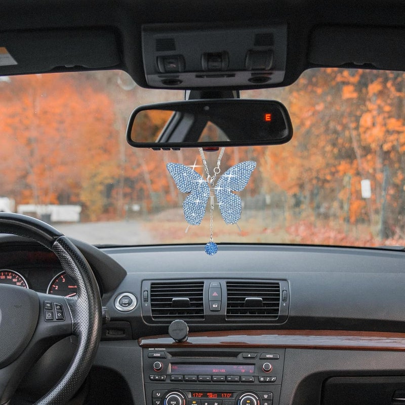 Couslcd Bling Butterfly Diamond Car Accessories, Crystal Car Rear View Mirror Charms for Women, Car Decoration Lucky Hanging Interior Crystal Ornament Pendant Decor for All Cars (Light Blue) - Image 5